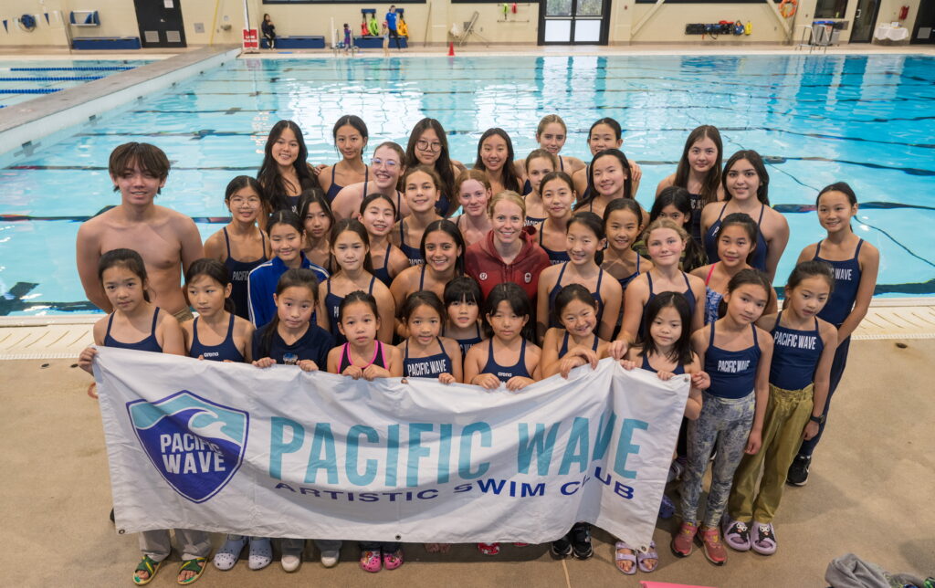 Artistic swimming team in pool with sponsor banner